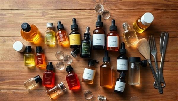 An artistic flat lay image of various essential oils, fragrance bottles, and mixing tools elegantly arranged on a wooden table, evoking a sense of creativity and craftsmanship for custom fragrance creation.