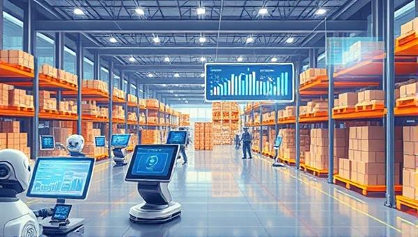 An illustration of a futuristic warehouse filled with automated robots moving inventory, with a digital control panel displaying real-time data analytics and inventory levels, showcasing efficiency and technology integration.