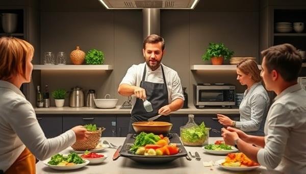 An interactive virtual cooking class with a chef demonstrating a recipe in a modern kitchen setup, with participants following along from their own kitchens, surrounded by fresh ingredients and cooking utensils, capturing the essence of ChefLink