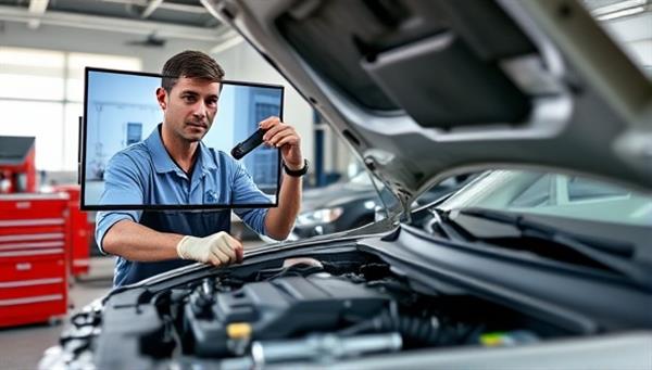 An automotive repair consultation scene with a mechanic inspecting a car engine via video call, displaying diagnostic tools and repair recommendations, conveying expertise and reliability in virtual car care services.