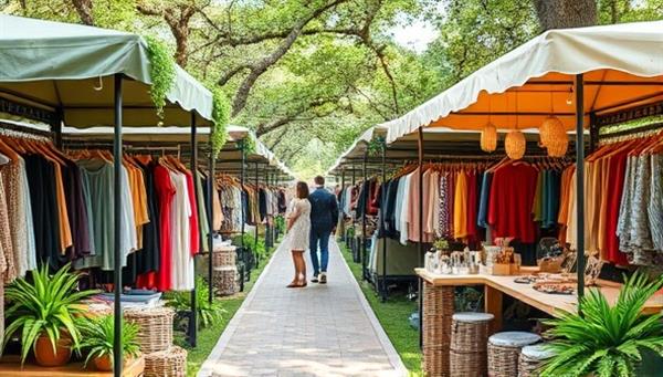An outdoor fashion market scene with colorful stalls showcasing sustainable clothing, accessories, and beauty products, surrounded by greenery and eco-friendly decorations, creating a vibrant and eco-conscious shopping environment.