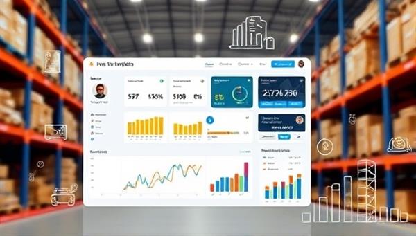 An online dashboard displaying real-time inventory levels, order statuses, and analytics charts, surrounded by digital warehouse shelves and logistic icons, symbolizing efficiency and control.