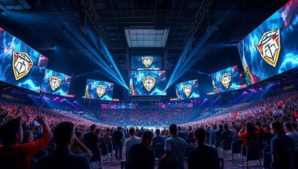 An electrifying e-sports arena scene with digital screens displaying intense gaming action, surrounded by cheering fans and animated team logos, capturing the excitement and competitive spirit of e-sports betting.