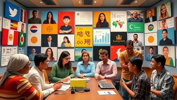 An immersive visual representation of a virtual language exchange session featuring participants from diverse cultural backgrounds engaging in language practice, cultural discussions, and interactive language games, symbolizing the vibrancy and interconnectedness of the global language exchange community.