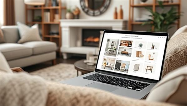 A cozy living room setting with a laptop displaying a virtual design consultation, mood boards, fabric swatches, and furniture samples, creating a stylish and inspiring atmosphere for home decor enthusiasts.