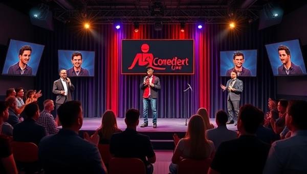 An animated graphic of a virtual comedy club stage with virtual avatars of comedians performing stand-up routines, interacting with a digital audience laughing and applauding, creating a lively and entertaining atmosphere typical of LaughLink Live shows.