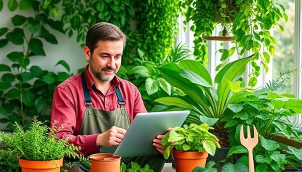 An expert horticulturist providing virtual plant care advice to a customer, surrounded by lush greenery and gardening tools, creating a tranquil and informative setting that conveys plant expertise and personalized guidance.