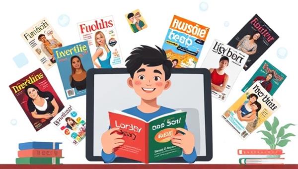 A digital illustration showcasing a diverse array of magazine covers floating around a computer or tablet screen, each cover representing a different interest or hobby, with a user smiling in the background, capturing the joy of personalized reading.