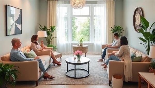 A serene therapy center environment with comfortable seating areas, calming décor, and therapists engaging in deep conversations with clients about their financial challenges, creating a safe and healing space for emotional and financial growth.
