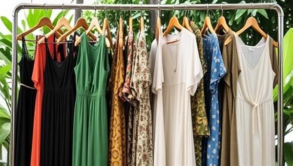 A stylish wardrobe rack filled with a variety of sustainable clothing pieces, including dresses, tops, and accessories from local designers, displayed against a backdrop of lush greenery or eco-friendly materials, symbolizing the fusion of fashion and sustainability in SustainStyle Rentals.