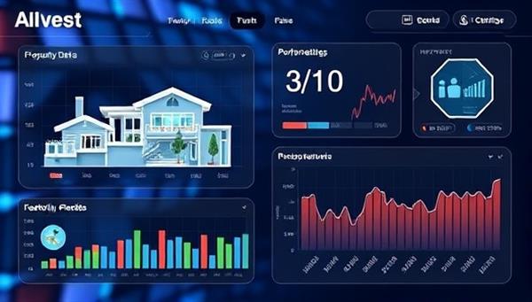 A sleek and futuristic AI interface displaying real-time property data, investment recommendations, and portfolio performance metrics, illustrating the intelligence and sophistication of AIvest Wise in guiding users through real estate investment opportunities with precision and insight.