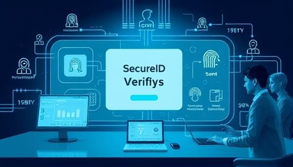 An innovative visual depiction of SecureID Verify in action, featuring a secure digital verification portal with biometric scanning interfaces, encrypted data transmission symbols, and satisfied users completing seamless identity verification processes, symbolizing trust and security in online transactions through advanced technology.