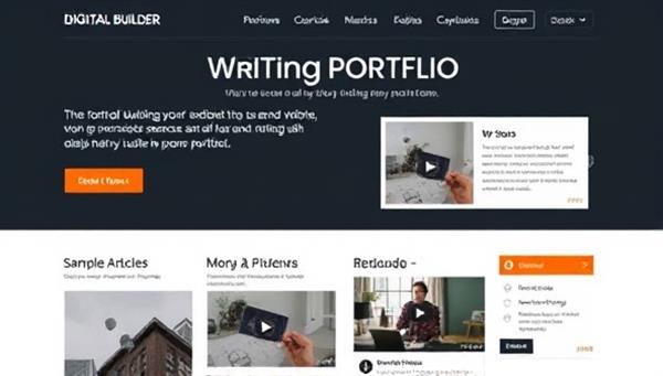 A sleek and modern digital writing portfolio layout displaying sample articles, testimonials, and multimedia elements like videos and infographics, highlighting the versatility and professionalism of the portfolio builder platform.