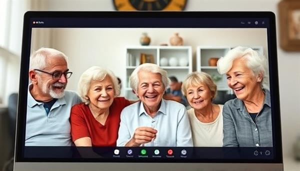 An inclusive and diverse group of elderly individuals engaging in a virtual social event on a computer screen, sharing smiles, stories, and laughter, showcasing the sense of community and connection fostered by SeniorCircle.