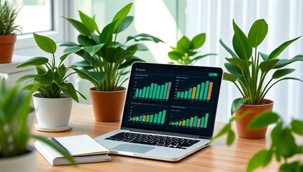 An eco-friendly and sustainable office space with green plants, recycled paper notebooks, and a laptop displaying ESG investment performance charts, creating a harmonious and environmentally conscious work environment.