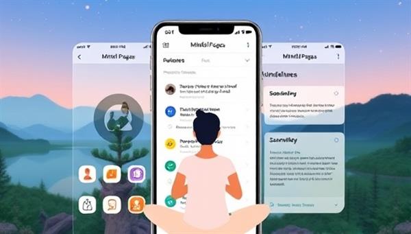 An animated visualization of the Mindful Pages app interface, showcasing serene nature backgrounds, mood tracking icons, and journaling prompts, with a user engaging in a mindfulness exercise, embodying the app