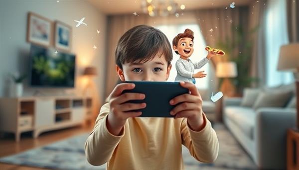 An enchanting scene featuring a child holding a smartphone or tablet, with animated AR characters and elements superimposed in their living room, illustrating the magical and interactive nature of ARtale Adventures.