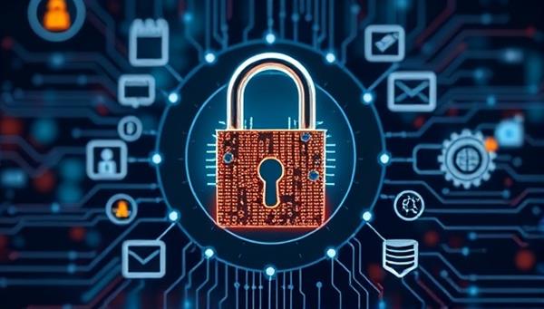 A digital padlock symbolizing data security and privacy, surrounded by intricate data protection icons and a shield, representing robust protection and trust in maintaining confidential information, illustrating security and compliance in data handling.