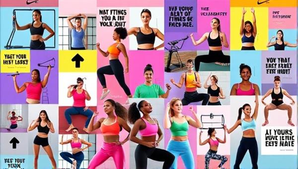 An energetic digital artwork showcasing a collage of diverse fitness instructors leading virtual classes, surrounded by vibrant workout equipment and motivational quotes, representing inclusivity and empowerment in fitness.