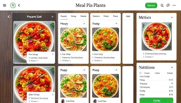 An enticing visual of a digital interface displaying personalized meal plans with colorful and nutritious recipe images, accompanied by a grocery list and cooking instructions, creating a user-friendly and visually appealing meal planning experience.
