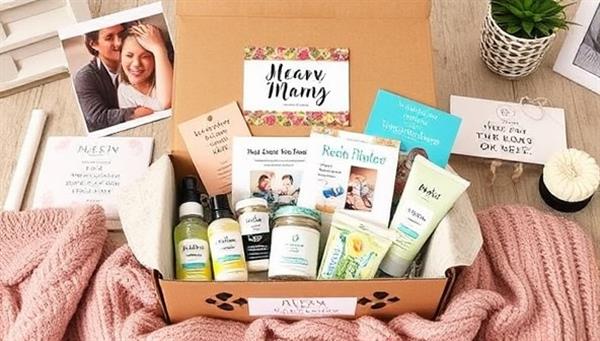 A heartwarming subscription box filled with pampering spa products, parenting guides, relaxation tools, and motivational quotes, surrounded by images of motherhood, family photos, and cozy home elements, evoking a sense of comfort and support for moms.