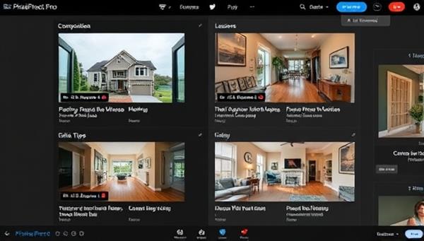 An online real estate photography course interface featuring interactive lessons on composition, lighting techniques, and editing tips, with a virtual instructor guiding students through the training program, capturing the essence of PixelPerfect Pro