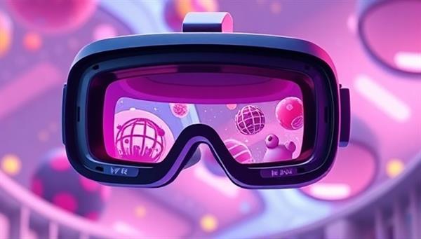 A futuristic VR headset displaying a vibrant, interactive website environment with floating design elements, showcasing the immersive and cutting-edge nature of VR WebScape