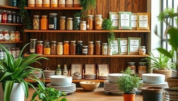 A cozy and inviting workshop setting with shelves filled with colorful jars of ingredients, mixing bowls, and beauty recipe cards, surrounded by green plants and soft lighting to evoke a sense of natural beauty and creativity.