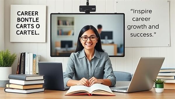 A virtual career coaching session scene with a professional coach providing guidance and mentoring to a client through a video call, surrounded by career development resources like books, laptops, and inspirational quotes, inspiring career growth and success.