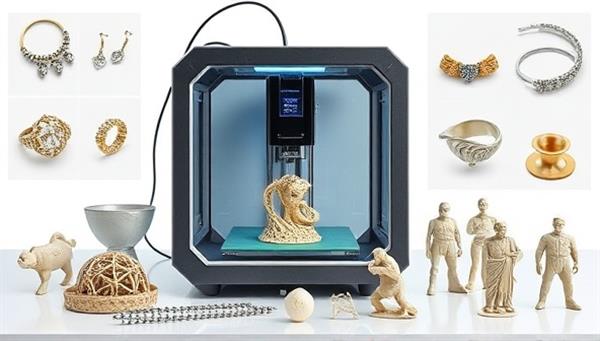 An innovative and futuristic 3D printer in action, creating a complex and intricate design, surrounded by various finished products like jewelry, miniatures, and custom parts, showcasing the capabilities of the technology.