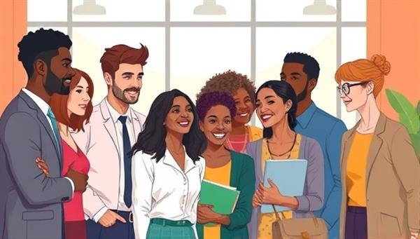 An illustration representing a diverse group of professionals from various backgrounds collaborating in a vibrant and inclusive work environment, symbolizing the cultural diversity and unity fostered by CulturalBlendRecruit