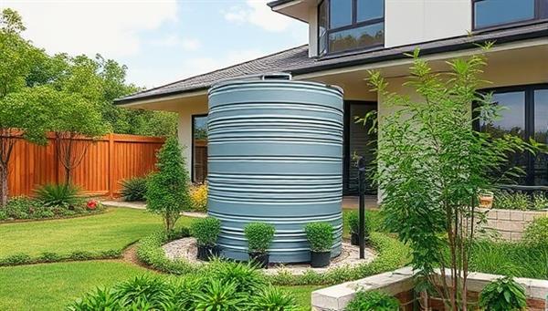 A residential property featuring a rainwater collection tank connected to a greywater recycling system, surrounded by a lush garden irrigated with harvested water, showcasing the integration of sustainable water harvesting solutions in modern living spaces.