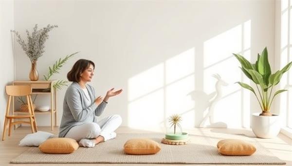 A serene virtual workshop setting with a calming backdrop, featuring a mental health expert leading a session on stress management and mindfulness practices, surrounded by soothing decor and wellness props, creating a tranquil and engaging atmosphere.