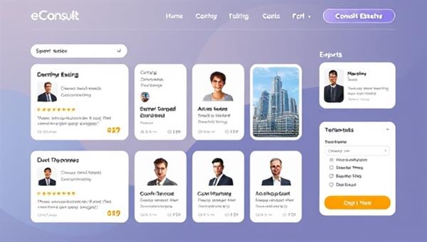 An online marketplace interface showcasing a variety of real estate consultancy services, expert profiles, client testimonials, and a secure payment gateway, highlighting the convenience and professionalism of eConsult Estates as a virtual consultancy platform.