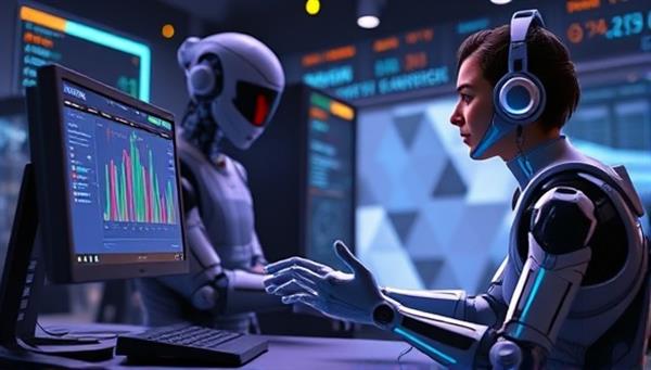An AI-powered assistant character interacting with a gamer in a virtual environment, analyzing gameplay data and providing strategic advice, showcasing the service