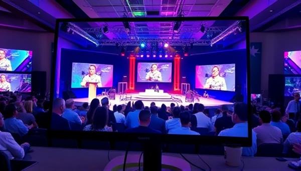 A captivating virtual event setup displayed on a computer screen, featuring a virtual stage, interactive elements, and a diverse audience participating in a virtual event, showcasing the dynamic and engaging nature of virtual event experiences.