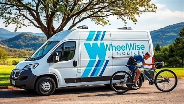 A mobile bike repair van parked in a scenic outdoor setting, with a technician working on a bicycle repair under the shade of a tree, showcasing the convenience and personalized service provided by WheelWise Mobile