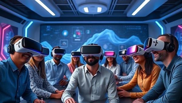 A group of diverse individuals wearing VR headsets, interacting in a virtual meeting room with futuristic elements and interactive features, showcasing the immersive and innovative communication experience of TeleVR Connect.
