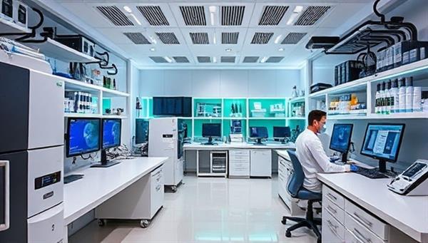 A state-of-the-art biohacking lab with high-tech equipment for metabolic testing, genetic analysis, and biohacking interventions, accompanied by wellness practitioners assisting clients in optimizing their health and performance, showcasing the scientific sophistication and personalized approach of Vitality BioLab.