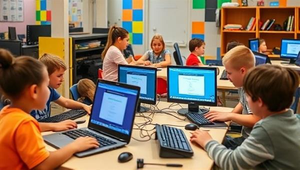 A group of enthusiastic children gathered around computers, collaborating on coding projects in a colorful and engaging environment, showcasing the fun and interactive nature of the coding bootcamps.
