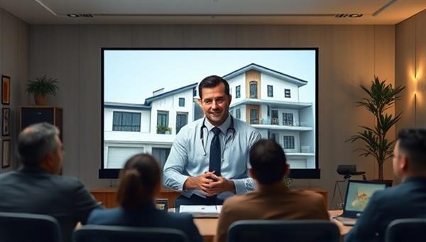 An online workshop setup featuring a real estate expert leading a session on investment strategies, with interactive tools for virtual networking, Q&A sessions, and resource sharing, creating an immersive and educational experience for participants in real estate investing.