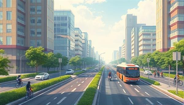 An illustrative depiction of a futuristic and sustainable urban landscape with green transportation options like cycling lanes, electric buses, and pedestrian-friendly streets, showcasing an environmentally-conscious and efficient urban mobility system envisioned by GreenMove Advisors.