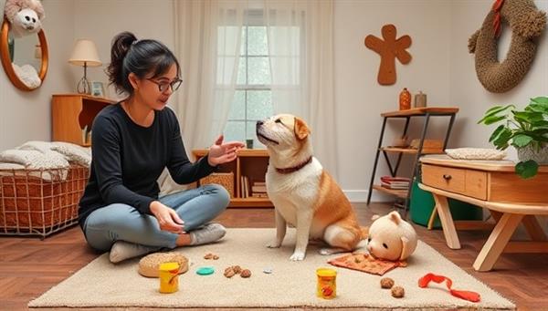 A cozy virtual pet training setup with a trainer demonstrating positive reinforcement techniques with a furry companion, surrounded by pet treats, toys, and training props, creating a warm and engaging atmosphere for effective pet coaching.