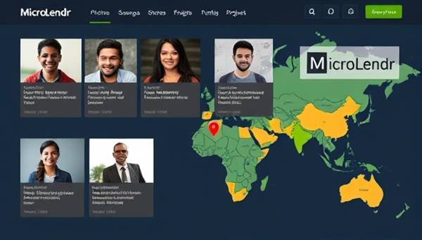 An engaging platform interface featuring diverse profiles of micro-entrepreneurs, success stories of funded projects, and a map highlighting the global reach of MicroLendr, symbolizing connectivity and empowerment through microfinance.