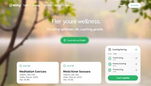 An online wellness platform interface featuring a serene nature background with calming colors, meditation exercises, inspirational quotes, and a schedule of upcoming coaching sessions, promoting a peaceful and balanced lifestyle.