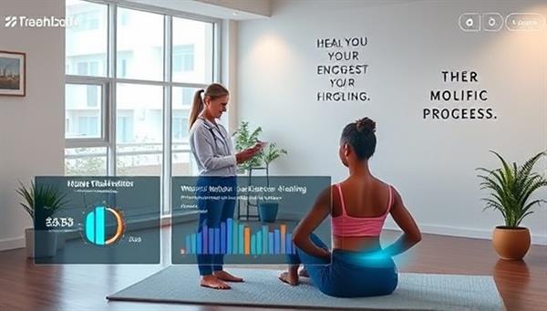 An uplifting rehabilitation setting with a virtual therapy session in progress, showcasing a therapist guiding a client through exercises, a progress tracker on a digital interface, and motivational quotes in the background, representing healing, progress, and support in a virtual rehabilitation environment.