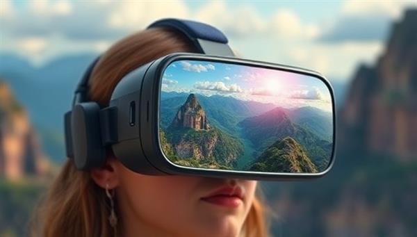 An engaging VR headset displaying a breathtaking virtual landscape, with a user experiencing a sense of wonder and exploration, capturing the essence of virtual travel adventures.