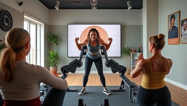 A virtual fitness studio setting with a fitness coach leading an energetic workout session, clients following along from their homes through video calls, displaying the convenience and effectiveness of virtual fitness coaching for achieving health and fitness goals.