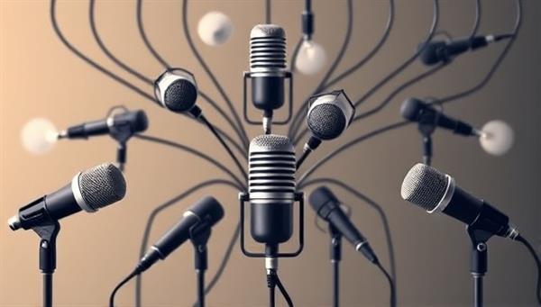 A dynamic visual of interconnected microphones symbolizing various real estate podcast shows within the Property Pod Connect network, capturing the essence of collaboration, diversity, and knowledge-sharing in the real estate podcasting space.