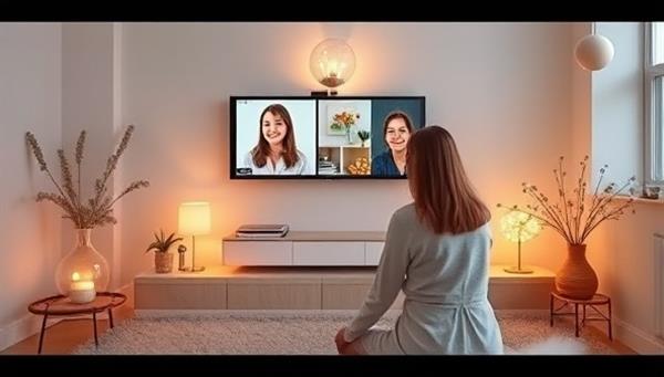 A serene virtual therapy session setting with a coach and client engaging in a video call, surrounded by calming colors and imagery, promoting mental wellness and support.